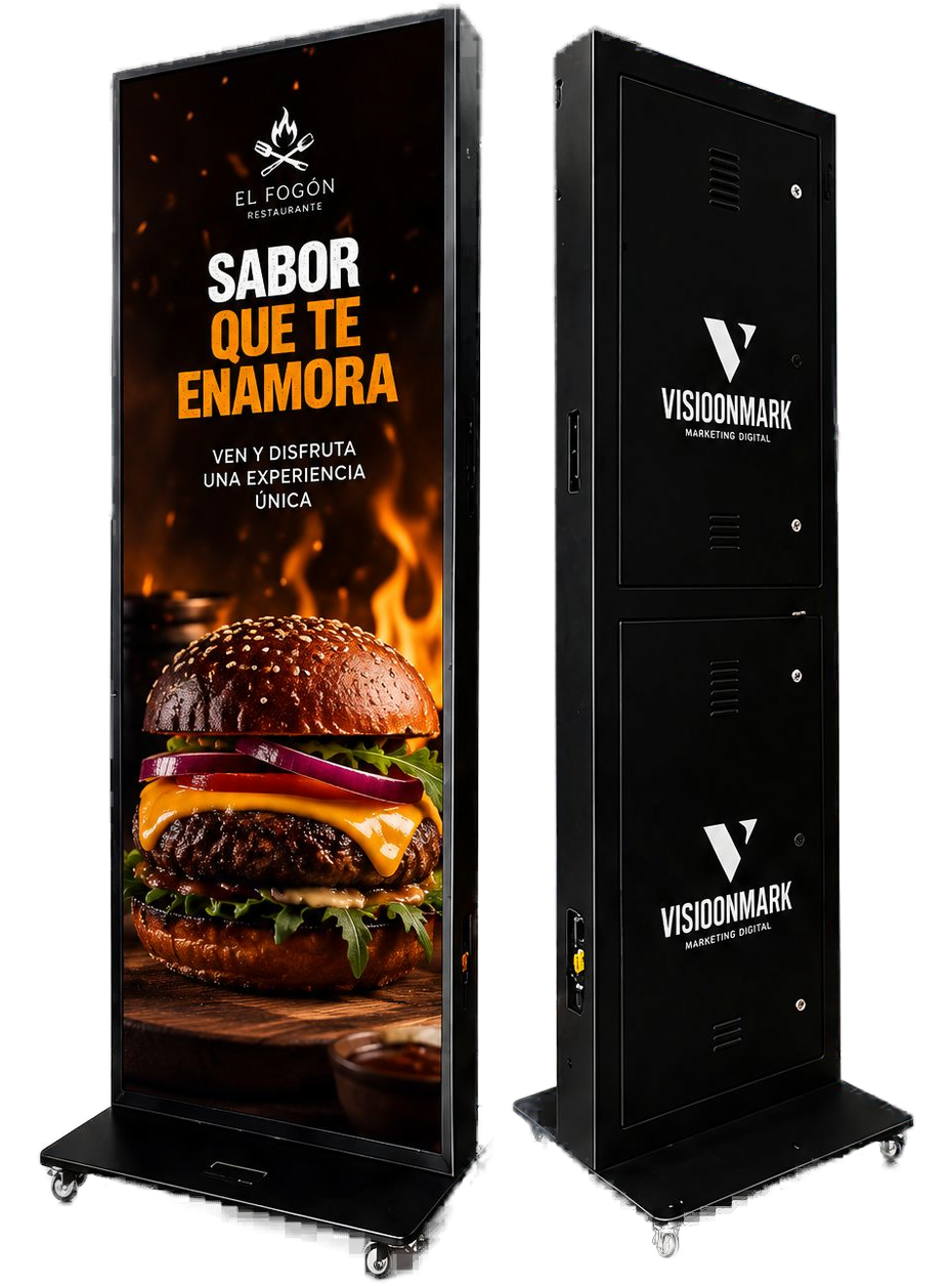 Tótem LED para exteriores con publicidad de restaurante, vista frontal y posterior